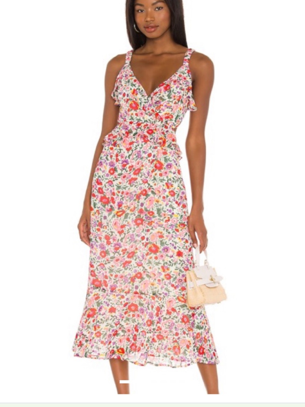 Astr Floral V-Neck Midi Dress in Pink Multi